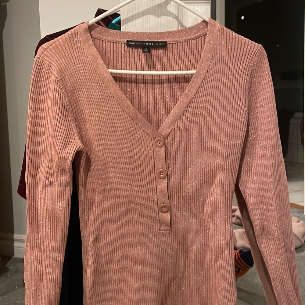 Shiny pink-ish fitted long sleeve 
Perfect for a touch of glitter